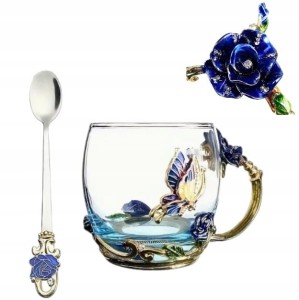 ELEGANCKA FILIŻANKA DO HERBATY KAWY Z ŁYŻECZKĄ NIEBIESKA RÓŻA SZKLANY KUBEK