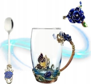ELEGANCKA FILIŻANKA DO HERBATY ŁYŻECZKĄ NIEBIESKA RÓŻA SZKLANY KUBEK 350ML