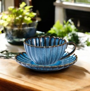 Zestaw elegancka Filiżanka i spodek do herbaty kawy ceramika NIEBIESKI duży