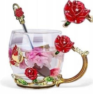 ELEGANCKA FILIŻANKA DO HERBATY KAWY Z ŁYŻECZKĄ CZERWONA RÓŻA 320ml