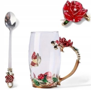 ELEGANCKA FILIŻANKA DO HERBATY ŁYŻECZKĄ CZERWONA RÓŻA SZKLANY KUBEK 350ML