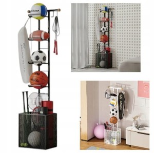 Stojak na 4 piłki z koszem półka organizer przechowywanie piłek czarny