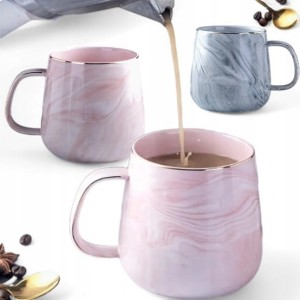 Kubek marmurkowy ze złotą obwódką do kawy herbaty RÓŻOWY DUŻY 400ML ceramik