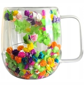 SZKLANY KUBEK DO KAWY Z PODWÓJNYM DNEM Z SUSZONYMI KWIATAMI WIELOKOLOR 250