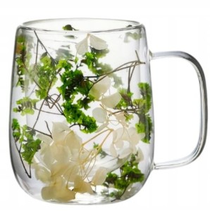 SZKLANY KUBEK DO KAWY Z PODWÓJNYM DNEM Z SUSZONYMI KWIATAMI ZIELONO-BIAŁY