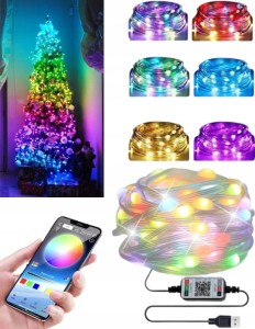 Lampki świąteczne inteligentne sterowanie aplikacją LED 20m RGB USB choinka