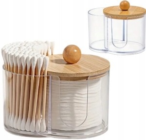 Pojemnik organizer na waciki patyczki higieniczne 2w1 z bambusową pokrywką