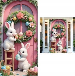 Baner na drzwi Wielkanoc dekoracja zając wielkanocny kolorowe jajka pisanki