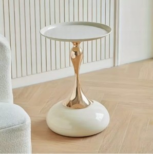 Stolik Kawowy Boczny Okrągły Waniliowy Złoty Biały Metalowy Nowoczesny 55cm