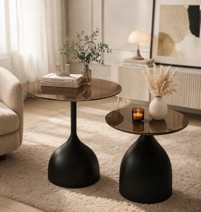 Stolik boczny nowoczesny, loft, szklany okrągły, do salonu, metalowy czarny