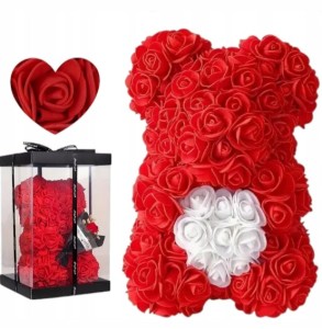 Miś kwiatowy z czerwonych róż z sercem Pudełko Prezentowe Walentynki Róże