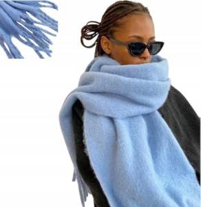 SZALIK DAMSKI SZAL CIEPŁY Z FRĘDZLAMI NA ZIMĘ GŁADKI NIEBIESKI BŁĘKIT