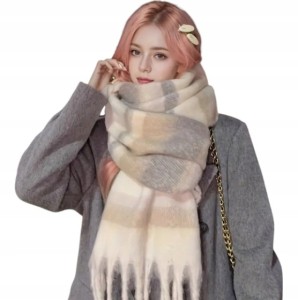 SZALIK DAMSKI SZAL CIEPŁY Z FRĘDZLAMI NA ZIMĘ BEŻOWY PASKI BEŻ CIEPŁY DUŻY