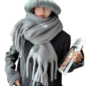 SZALIK DAMSKI SZAL CIEPŁY Z FRĘDZLAMI NA ZIMĘ GŁADKI SZARY