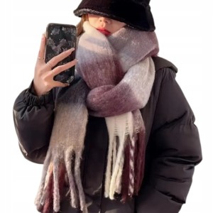 SZALIK DAMSKI SZAL CIEPŁY Z FRĘDZLAMI ZIMĘ W KRATKĘ FIOLETOWY CIEPŁY DUŻY