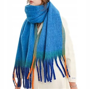 SZALIK DAMSKI SZAL CIEPŁY Z FRĘDZLAMI NA ZIMĘ GŁADKI NIEBIESKI OCEAN