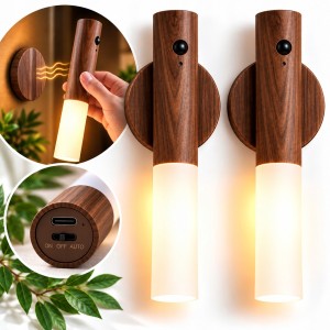 Lampa ścienna 2 szt. kinkiet LED Czujnik Ruchu Bezprzewodowy USB-C Drewno