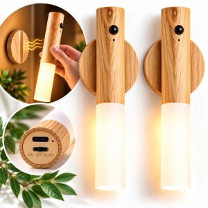 Lampa ścienna 2 szt. kinkiet LED Czujnik Ruchu Bezprzewodowy USB-C Drewno